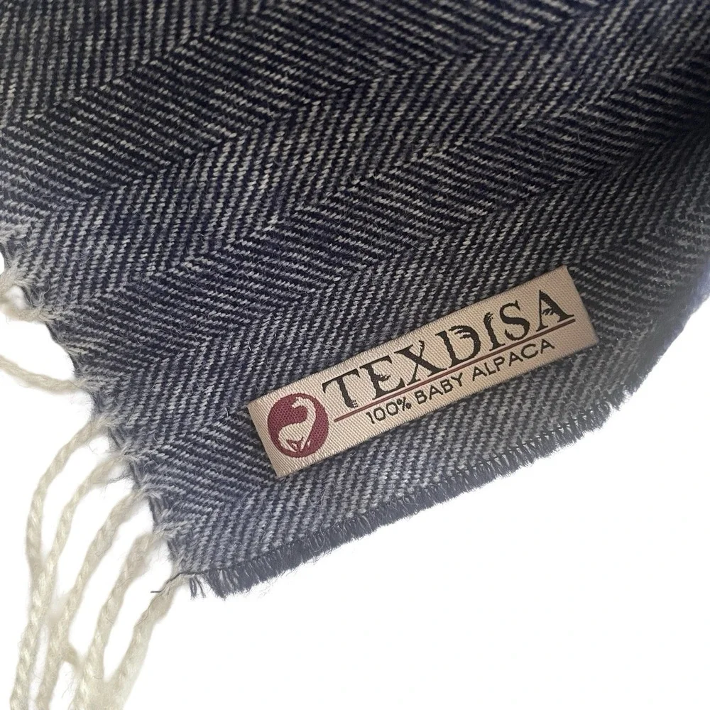 Texdisa‎ Baby Alpaca Scarf Blue Herringbone Cream Ivory Fringe Cozy